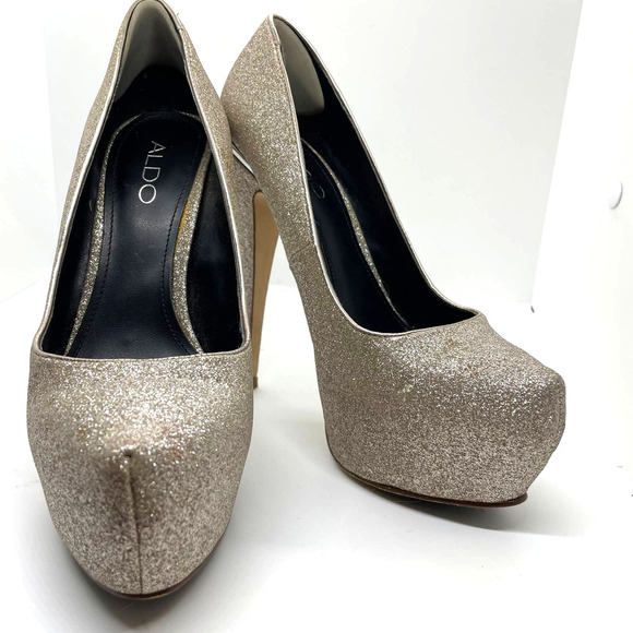 Aldo Gold Glitter Platforms Ultra High Heel Platform Sparkle Shoe Size 7 - Picture 1 of 9